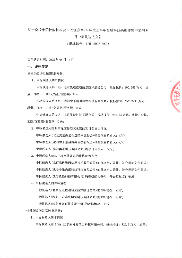 辽宁肉漫屋
控股机构及中天证券2025年度上半年金融科技类硬件集中采购项目中标候选人公告 (招标编号:LNTH2025194D)
